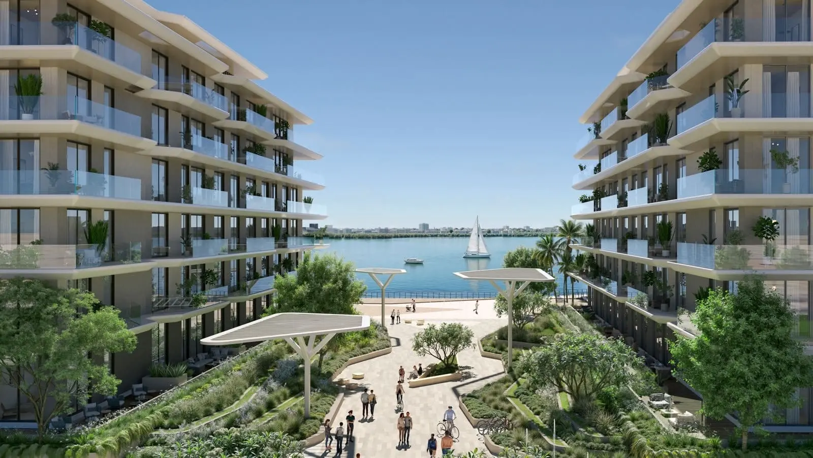 Luxury waterfront community Bashayer Abu Dhabi exterior featuring elegant villa facades inspired by European seaside design