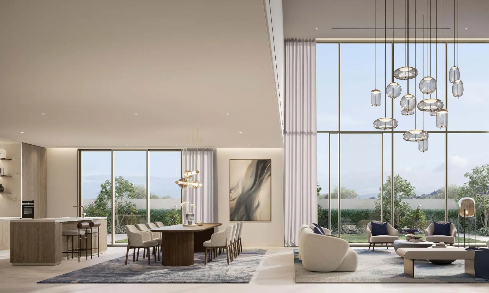 Bright, open-concept living room in a Talay villa with floor-to-ceiling windows, modern neutral furniture, and light wood accents.