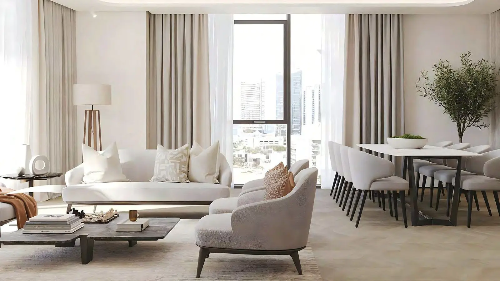 Tree lined streetscape and gated entrance view at Mayar in Maysan development on Al Reem Island Abu Dhabi.