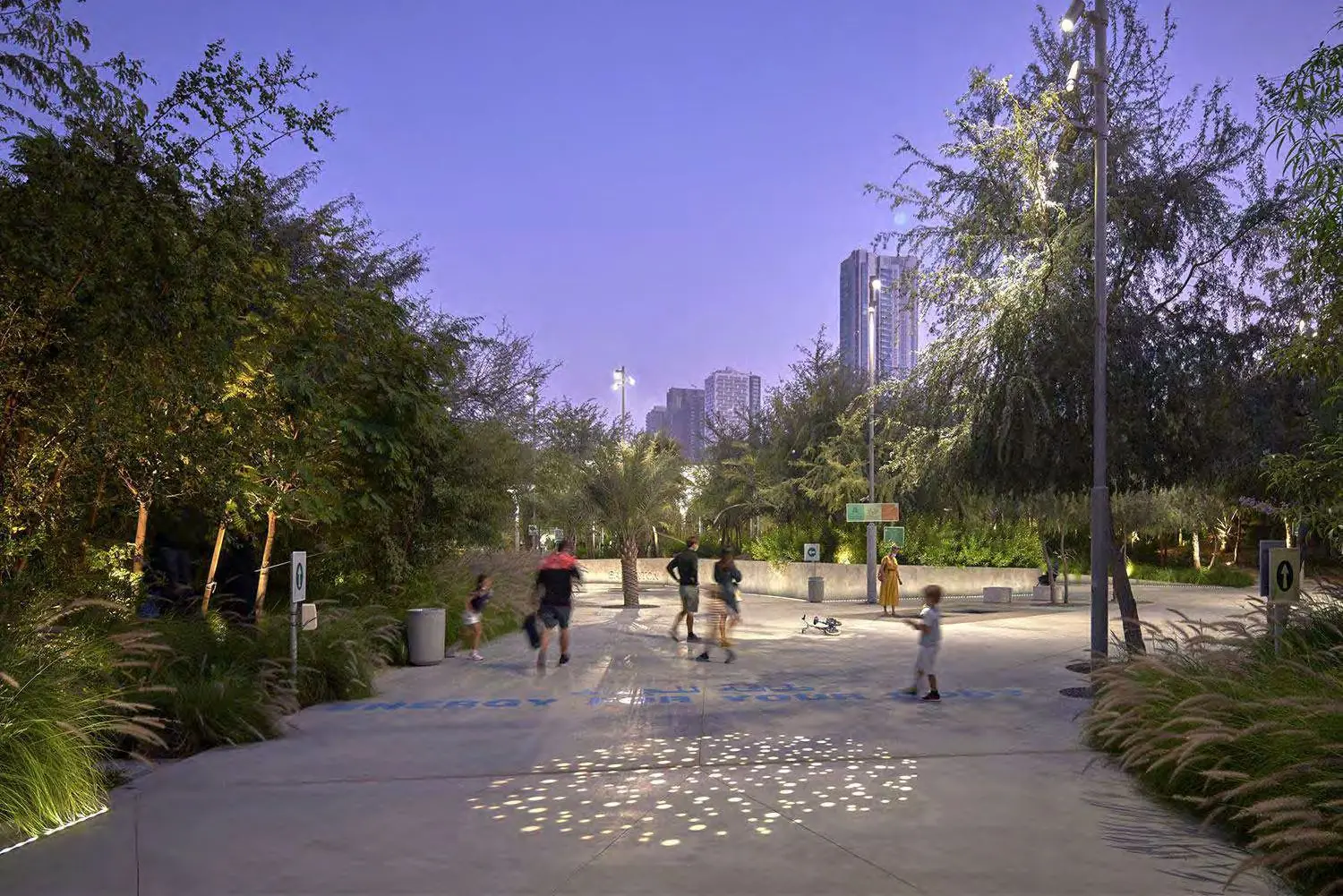 Aerial master plan exterior view of Mayar in Maysan on Al Reem Island Abu Dhabi showing green spaces.