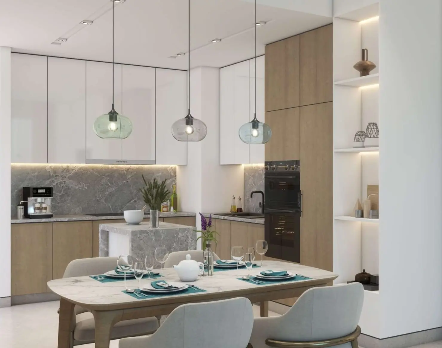 MERITO Residential Abu Dhabi elegant kitchen design by Jadara with contemporary fittings, smart layout, and warm material tones in Al Reeman apartments.