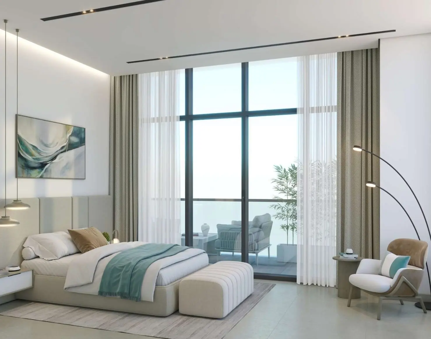 MERITO Abu Dhabi Al Reeman apartment bedroom interior by Jadara showcasing cozy design, privacy, and premium finishes for comfortable living.