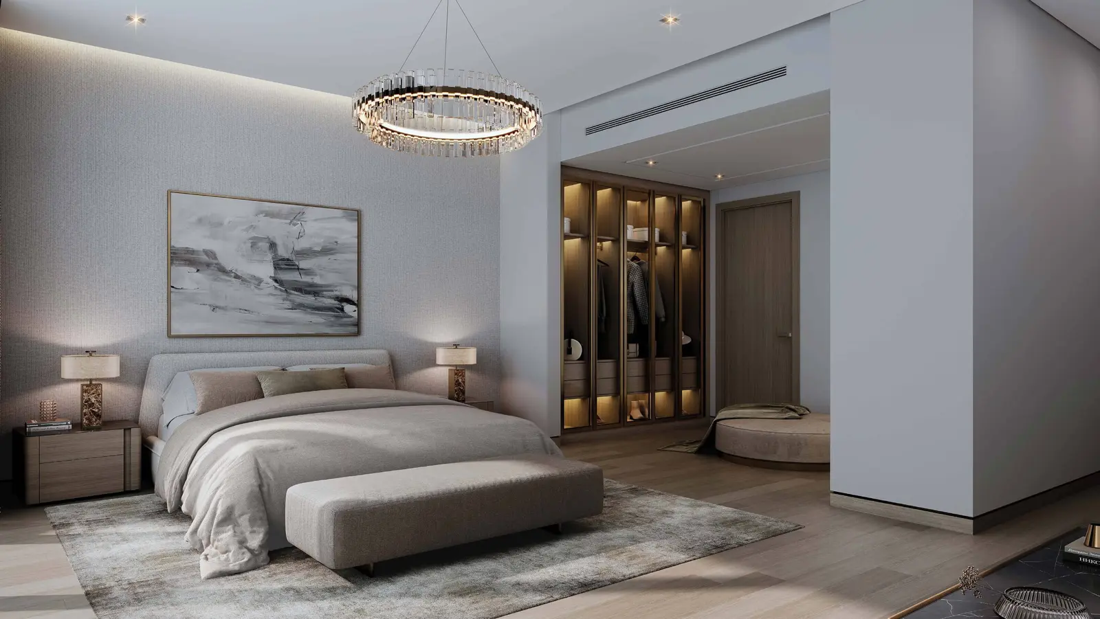 Master bedroom at The Orchard Sobha City showcasing warm tones, expansive layouts, and serene views of landscaped greenery.