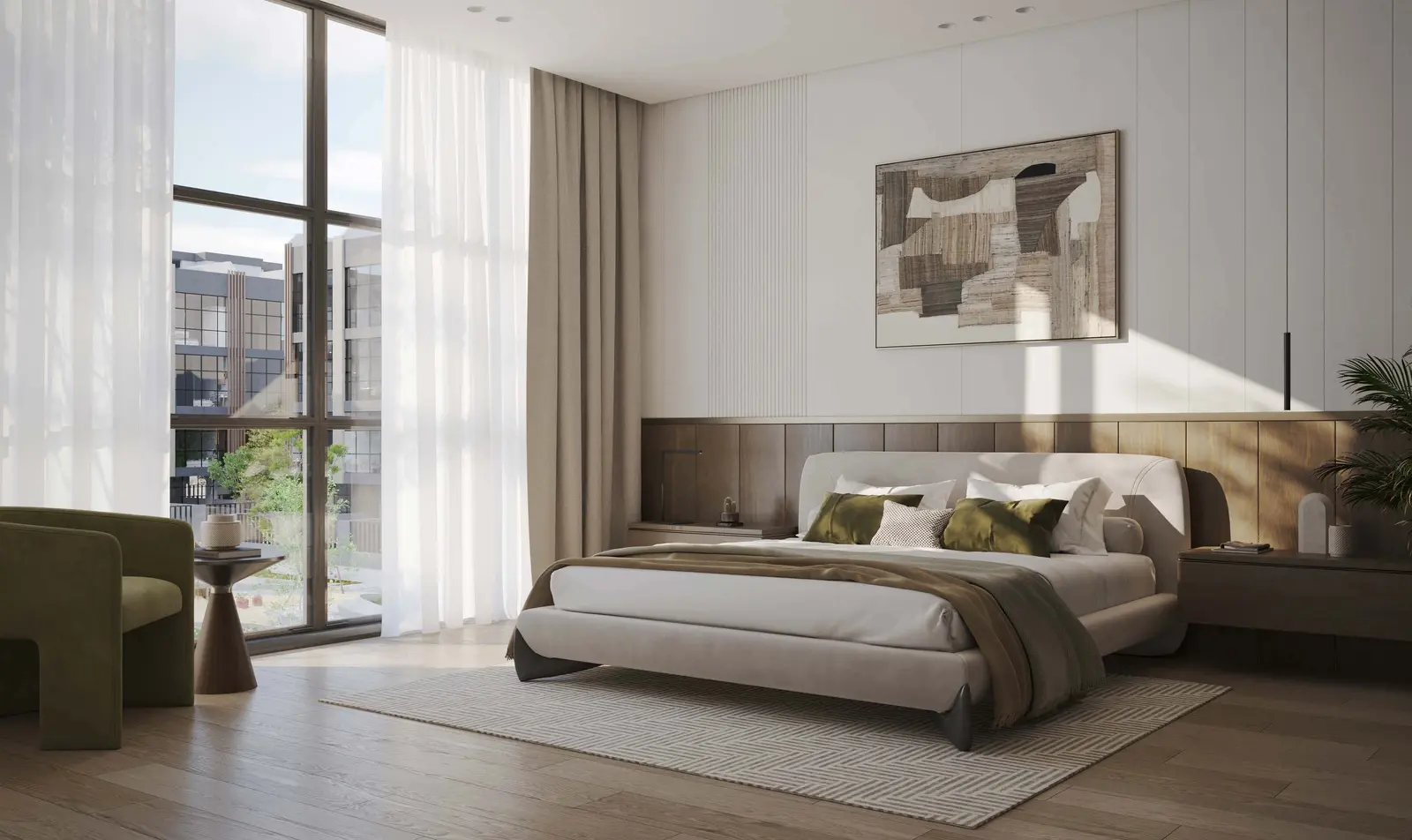 Elegant dining area with large windows and modern finishes at Reportage Village Khalifa City Abu Dhabi townhouse.