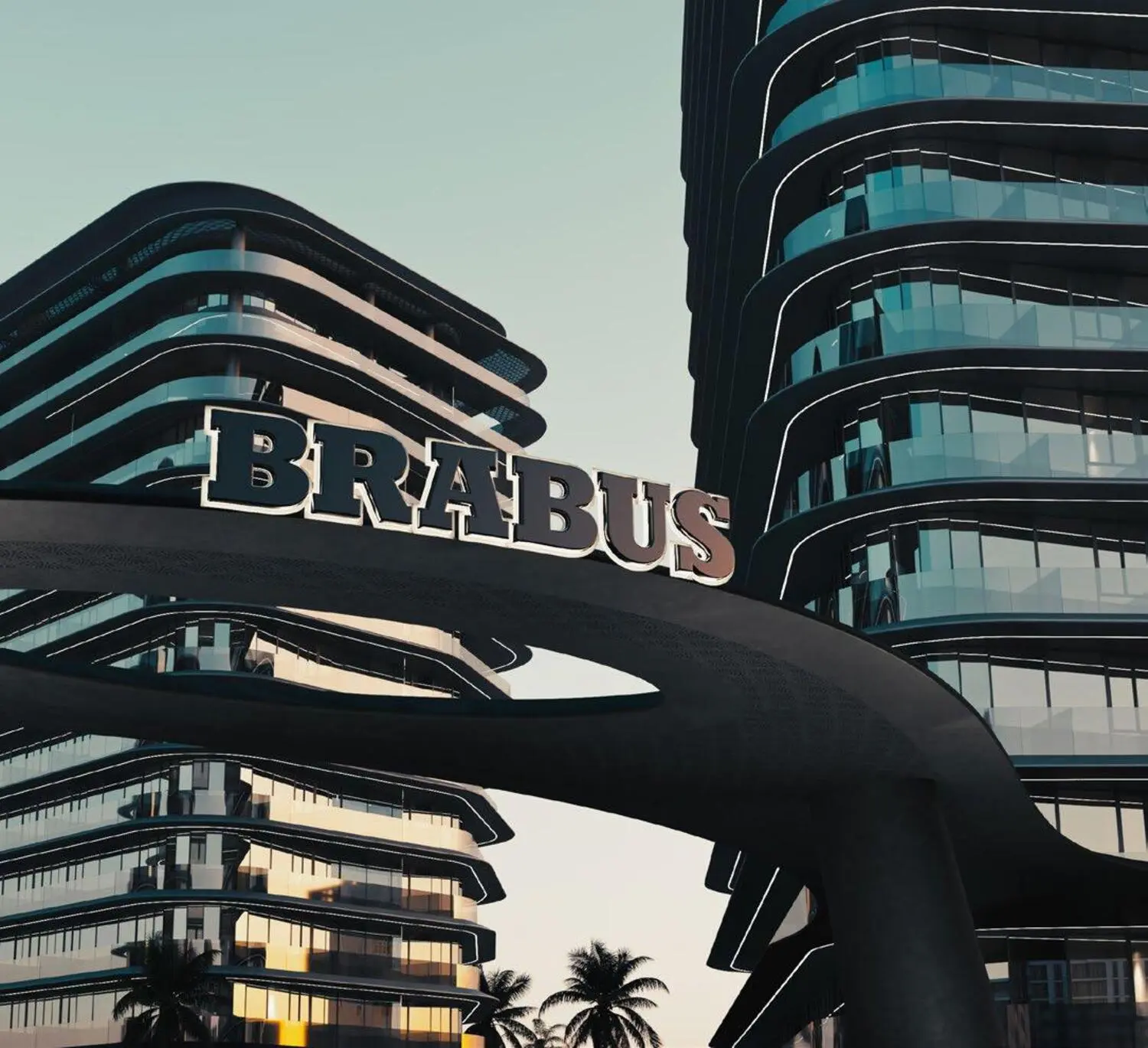 Twilight exterior view of Brabus Island Hope Island Al Raha Beach Abu Dhabi highlighting illuminated high-rise tower architecture.