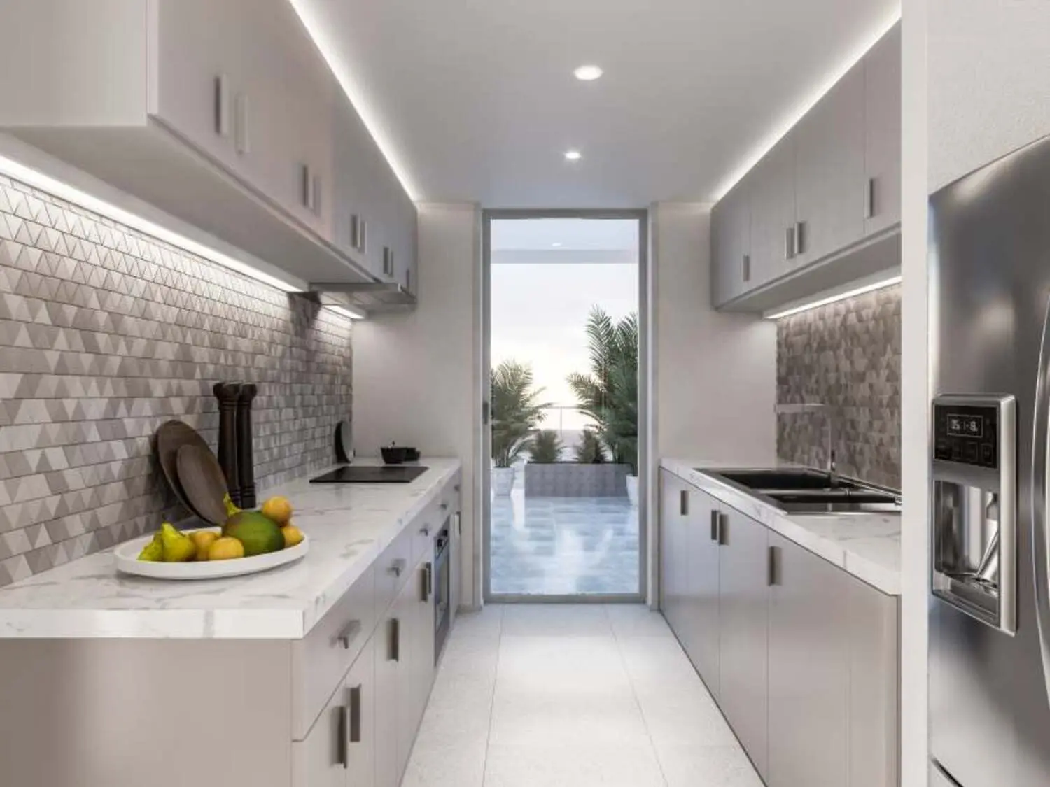 Contemporary bathroom with premium tiles and vanity unit at Al Mahra Residence in Masdar City Abu Dhabi.