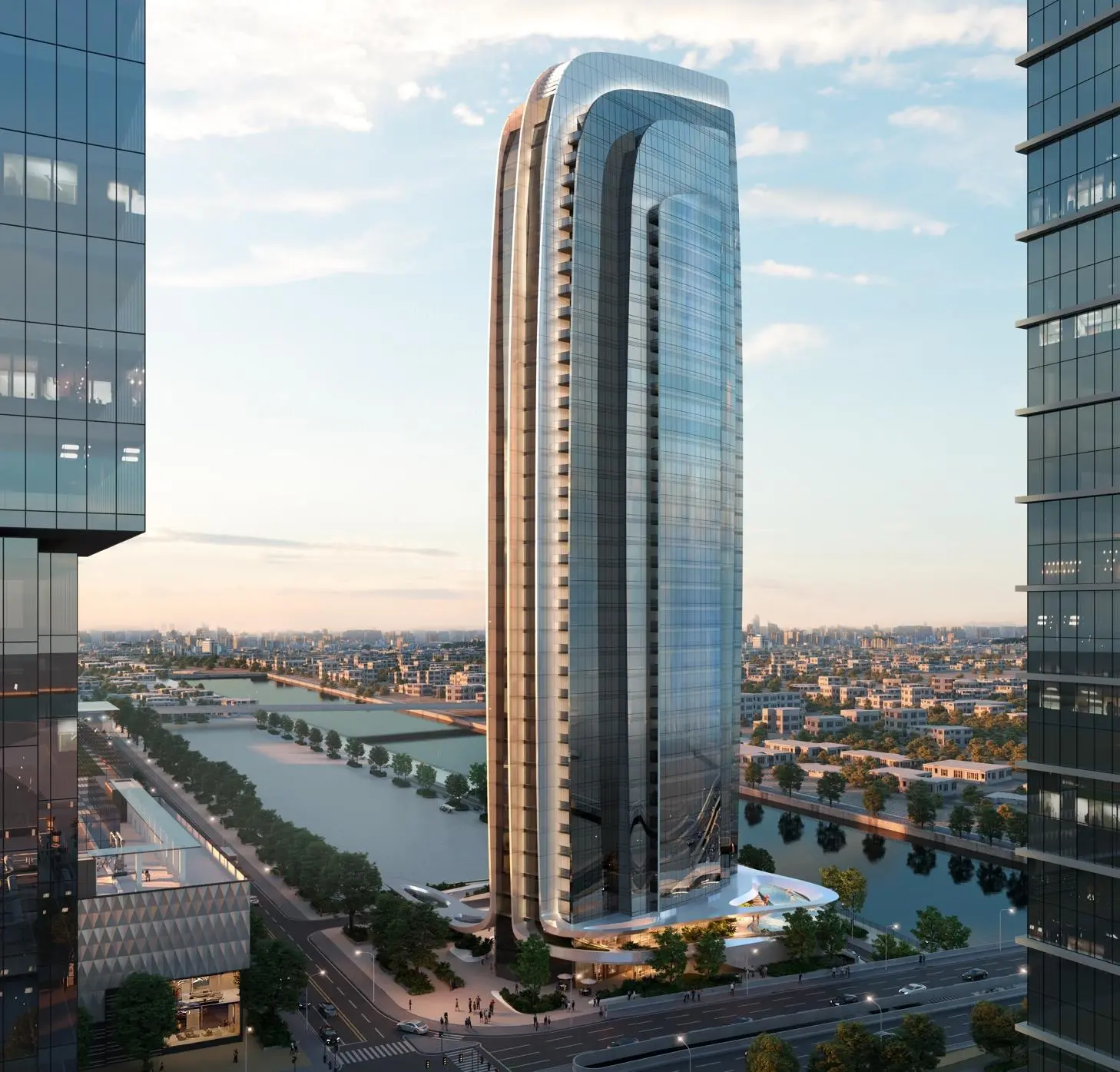 Exterior facade of W Residences at Al Maryah Island Abu Dhabi showing dhow inspired branded luxury apartment tower against skyline