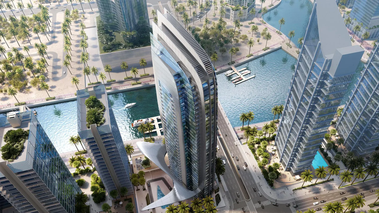 Waterfront elevation exterior of W Residences at Al Maryah Island Abu Dhabi showing branded luxury apartments above the promenade edge