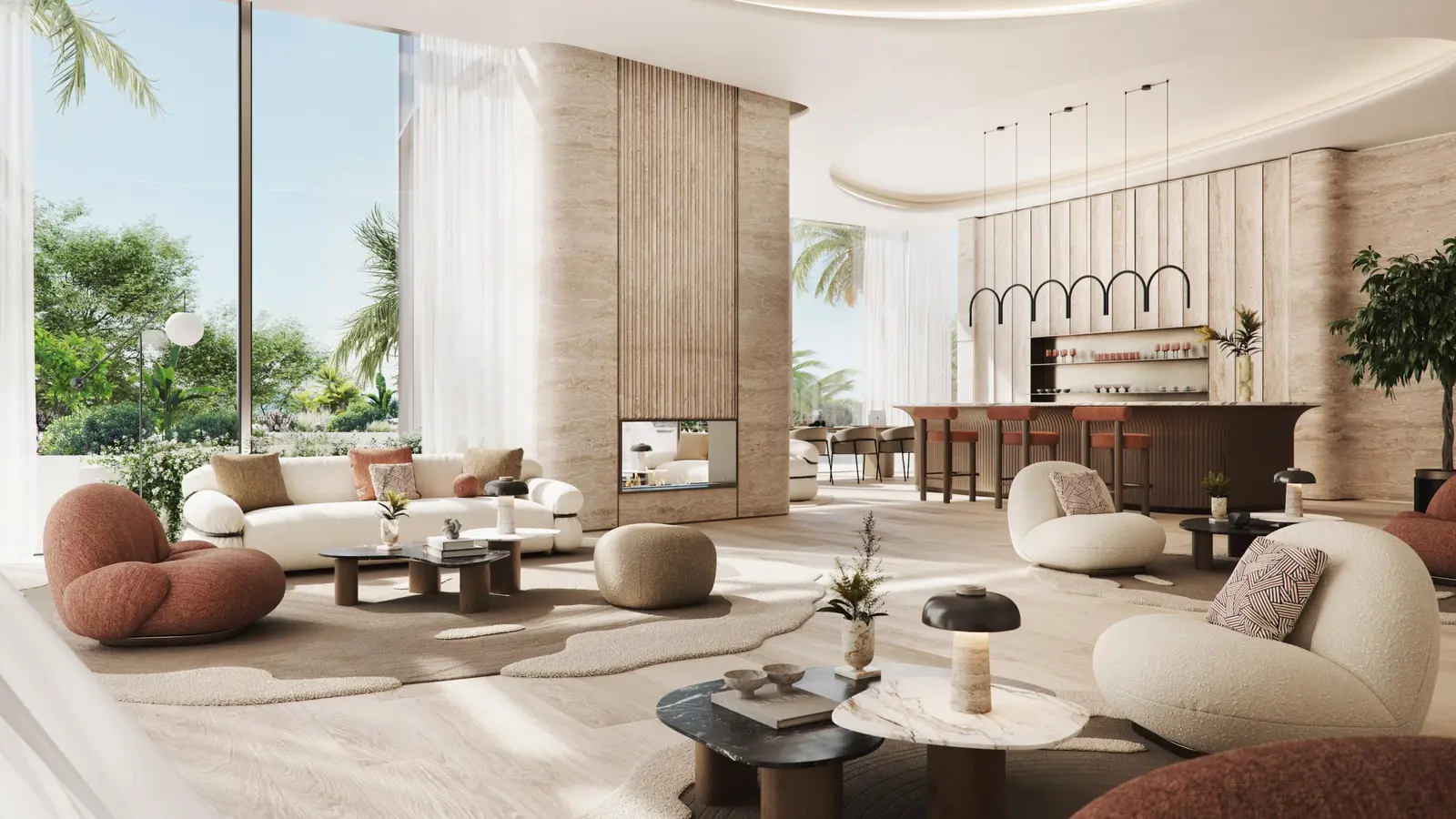 Duplex living space interior at W Residences Al Maryah Island Abu Dhabi with double height ceilings staircase and skyline outlook
