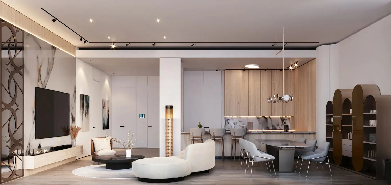 Optimized under-stairs storage space and utility closet inside a premium duplex layout at Elie Saab Waterfront Abu Dhabi.