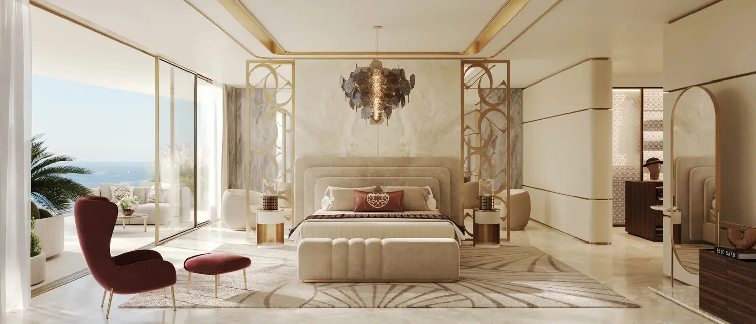 Spacious secondary bedroom interior at Elie Saab Waterfront Abu Dhabi featuring warm neutral color palettes and modern styling.