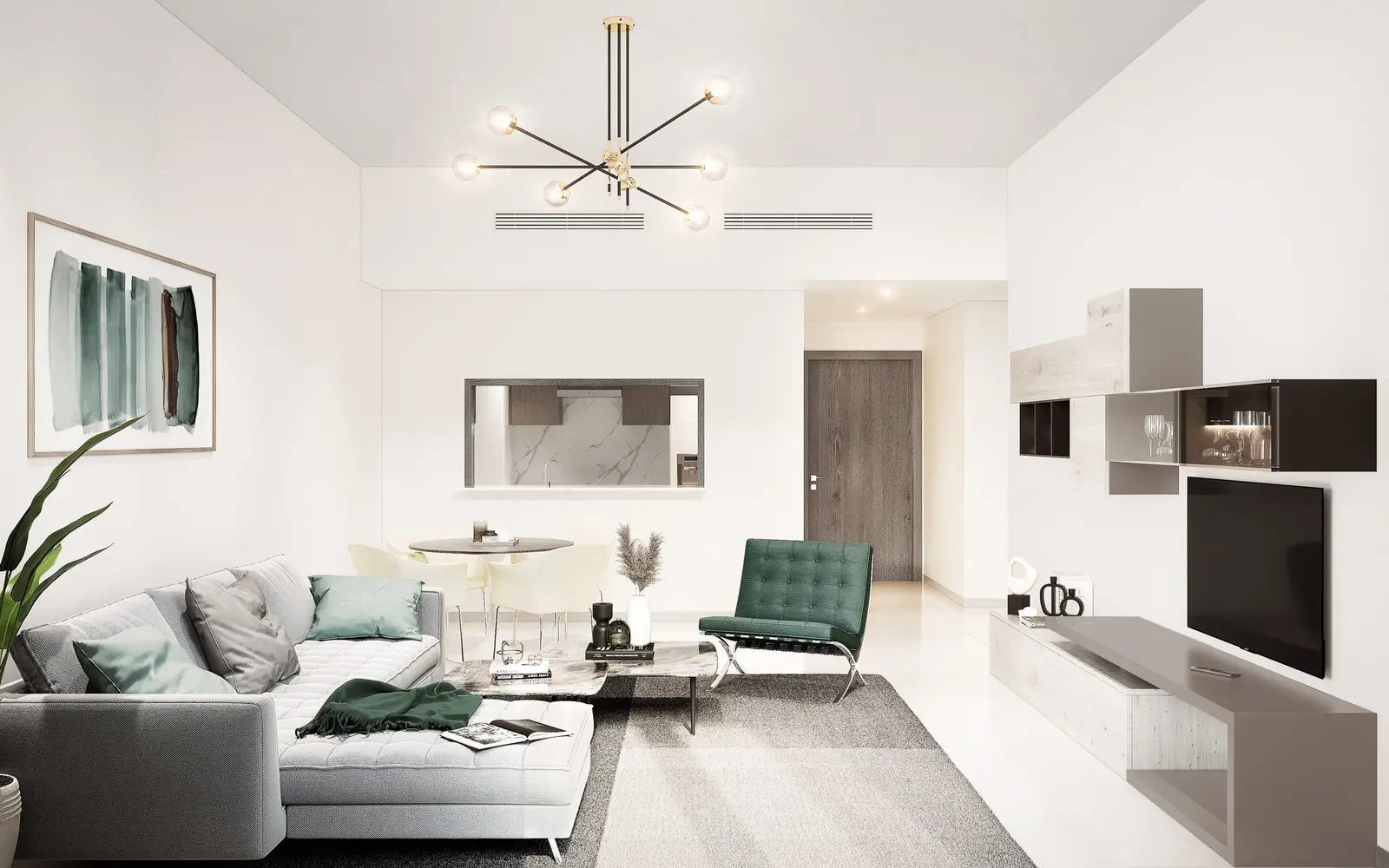 Fully furnished studio at Yas Golf Collection with modern open-plan design.