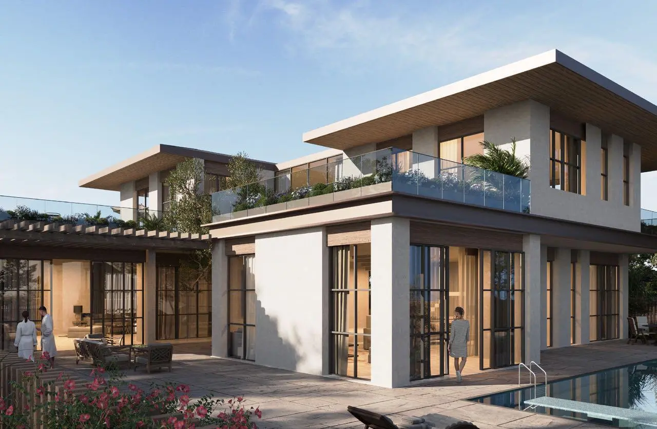 Row of modern villas with outdoor lighting and green surrounds, Al Naseem
