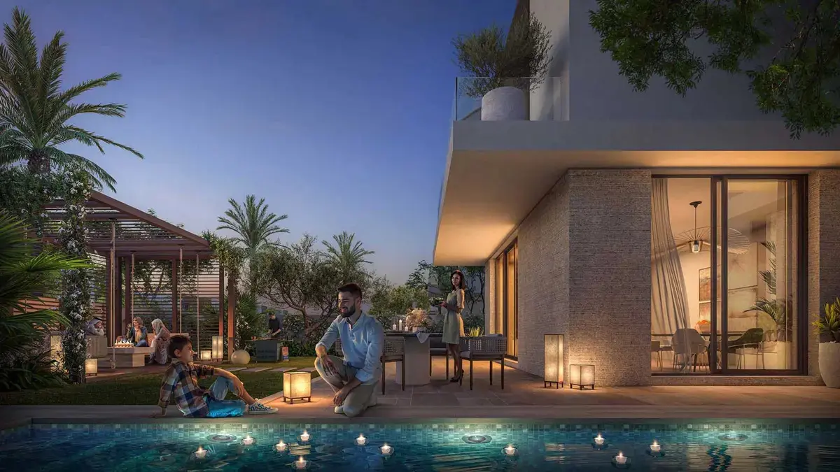 Villa exterior featuring sustainable construction materials and modern design at Al Reeman II