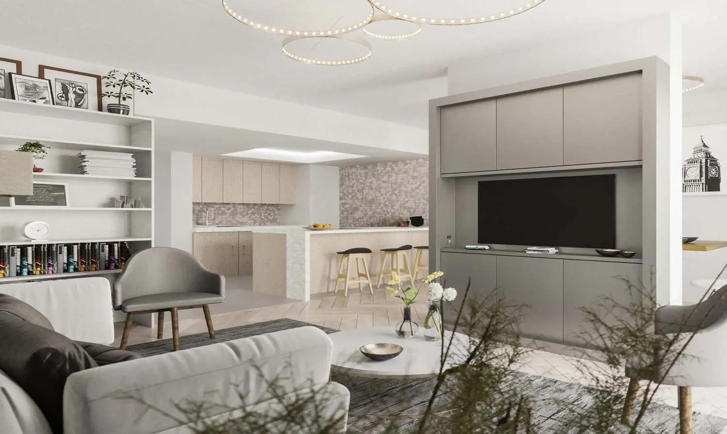 Stylish living and dining area with modern furniture at Al Mahra Residence in Masdar City Abu Dhabi.