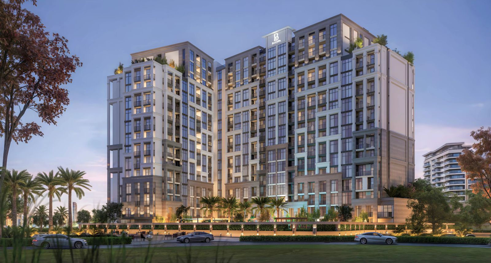 Modern waterfront architectural exterior of Bab Al Qasr Residence 31 luxury apartments in Yas Bay Abu Dhabi